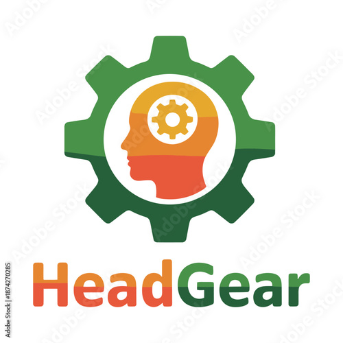 Gear head logo with human profile and colorful gradient design