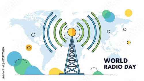 World Radio Day communication tower illustration broadcasting signal waves over world map concept for global connection and media