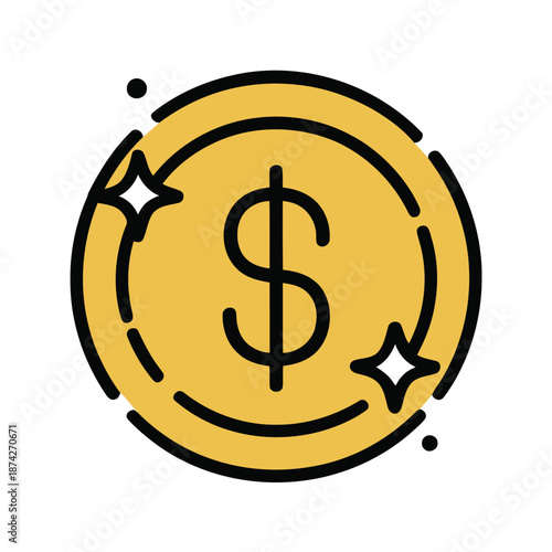 Golden dollar coin icon with stars on white background