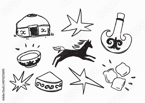 Hand Drawn Kazakh Traditional Symbols and Nomadic Elements