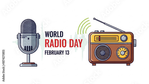 World Radio Day illustration with vintage microphone and retro radio celebrating communication and broadcasting on February 13th vector graphic
