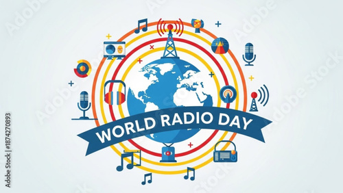 World Radio Day illustration with globe radio tower and communication icons celebrating global broadcasting and media vector art