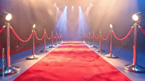 Elegant red carpet illuminated by spotlights, creating a glamorous and inviting atmosphere.