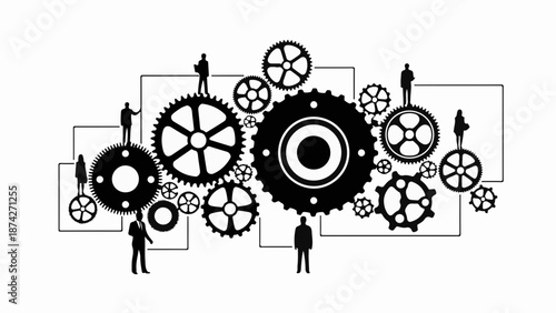 Silhouettes of people interacting with a complex system of interconnected gears, symbolizing teamwork and collaboration.