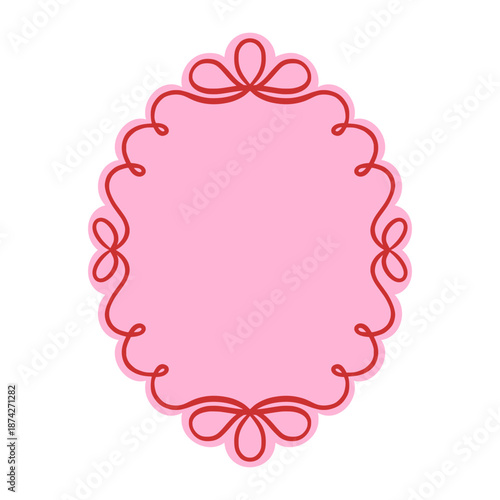 Pink oval scalloped frame with red decorative curly line. Romantic border with flourishes for Valentine's Day, wedding, or greeting cards. Cute label for scrapbooking and design. Vector illustration