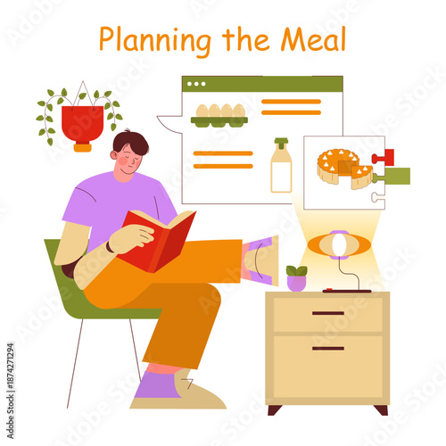 Meal Planning with Cookbook and Ingredients Vector Illustration