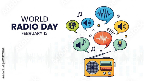 World Radio Day illustration with vintage radio and sound wave icons celebrating broadcast and communication vector art for February 13th