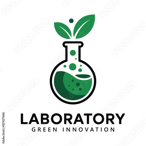 Laboratory green innovation logo with beaker and leaves on transparent background