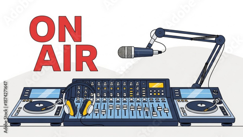 DJ sound mixer with headphones and microphone ON AIR sign broadcasting equipment for radio station or podcast studio flat vector illustration