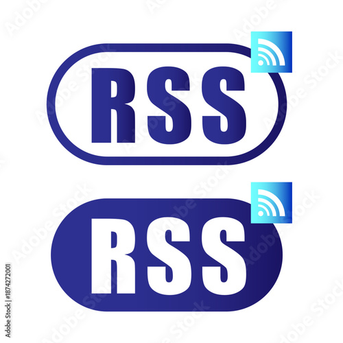 RSS feed vector. Blue news icons. Wireless connection symbols. Social media elements.