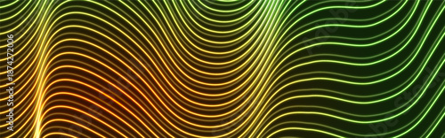 Bright green and orange neon wavy lines abstract shiny retro background. Futuristic glowing vector banner design