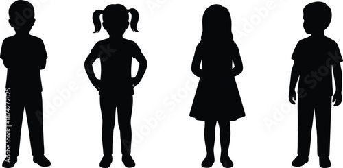 Children silhouettes standing in different poses, boys and girls figures showing childhood diversity, minimalist black shapes isolated on white background