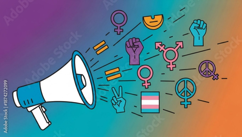 Megaphone broadcasting diverse gender and equality symbols representing social justice and activism perfect for advocacy and awareness campaigns