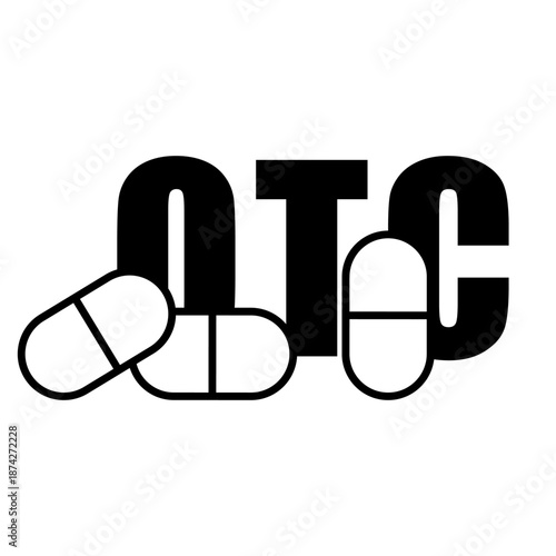 Pills OTC illustration. Medicine text symbol. Pharmacy drug Vector logo. Over The Counter typography.