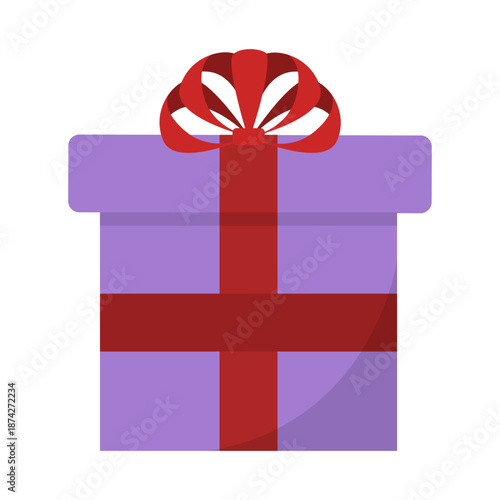 Purple gift box. Red ribbon present. Wrapped package icon. Vector holiday illustration.