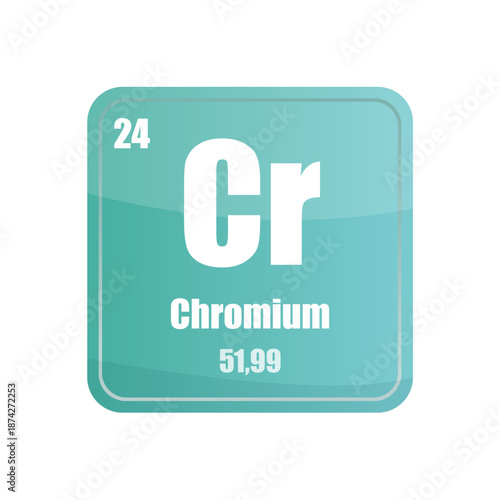 Chromium chemical element tile. Atomic number twenty four. Cr sign Vector icon. Aqua blue square shape.
