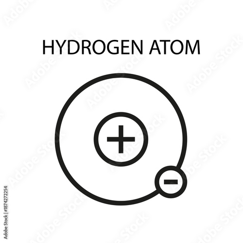 Hydrogen atom icon. Chemical element structure. Scientific research Vector symbol. Proton electron orbit