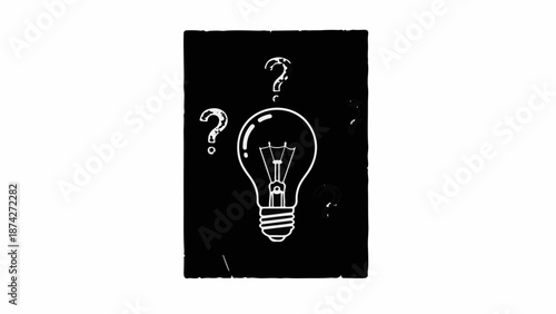 Illustration of a glowing light bulb surrounded by question marks, symbolizing curiosity and new ideas.