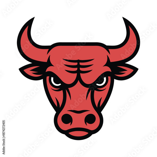 Red bull head with horns and angry expression on transparent background
