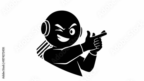 Playful character aiming a finger gun with a wink, conveying mischief and confidence.