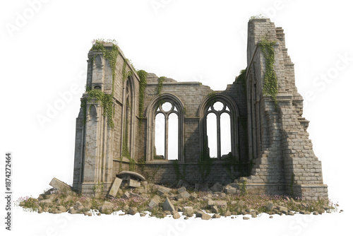Old stone cathedral wall with ivy on Transparent background