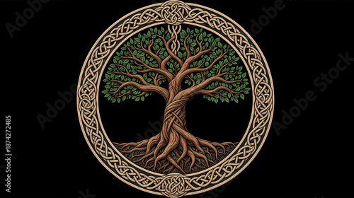 Viking-Inspired Yggdrasil Tree of Life with Detailed Celtic Knotwork Border, Old Norse Style, Mystical Symbolism on Solid Gray