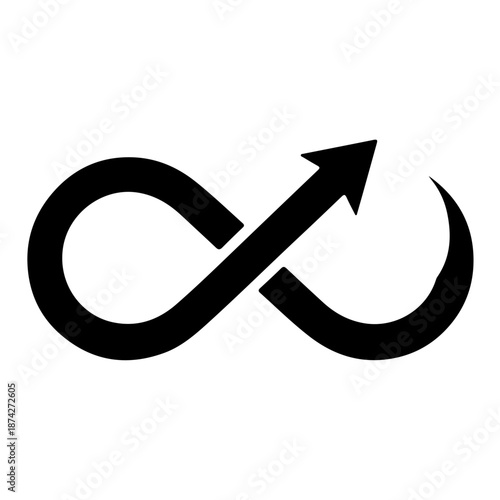 A black and white image featuring an infinity symbol with an arrow pointing upwards, symbolizing continuity and progress.