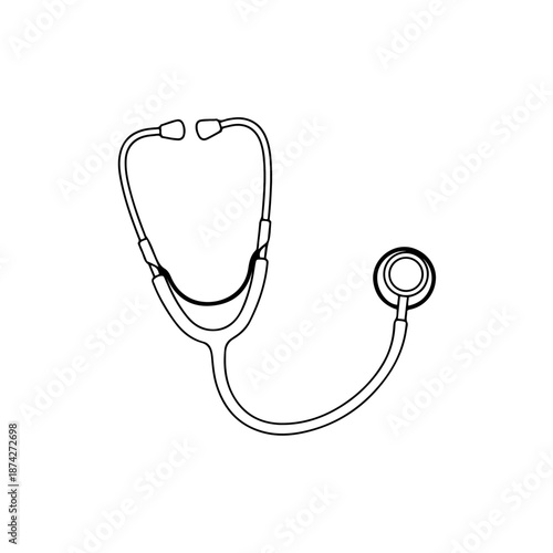 A simple line drawing of a stethoscope with a transparent background. The stethoscope features the typical earpieces, tubing, and diaphragm.