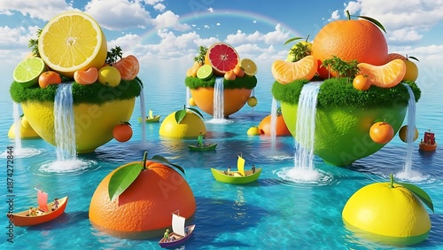 Whimsical Surrealism: Floating Fruit and Boats on Blue Water