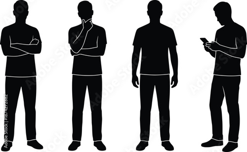 Male silhouettes in standing poses showing thinking, confidence and smartphone usage, modern human body language concept isolated on white background