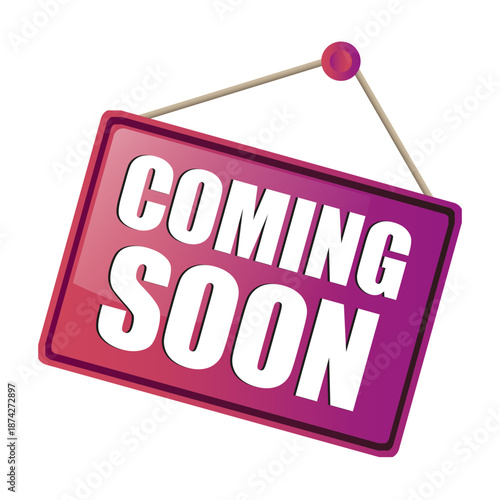 Coming soon sign. Purple door hanger. Announcement board vector. New arrival concept.