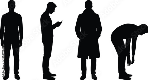 Male silhouettes showing standing, smartphone use, coat fashion and tired posture, modern lifestyle and emotional body language isolated on white background