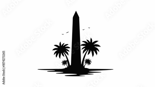 Tropical monument silhouette with palm trees and water reflection