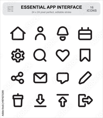 Essential App Interface Line Icons Set for Mobile and Web UI