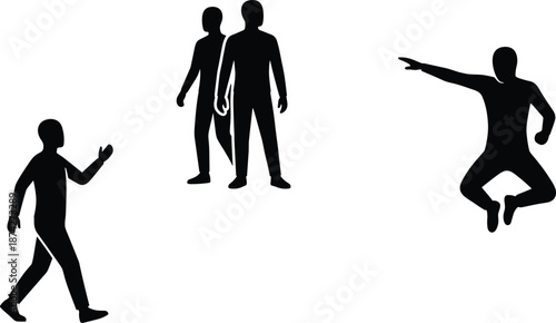 People silhouettes showing walking, standing, pointing and jumping poses, dynamic human interaction and expressive body language isolated on white background