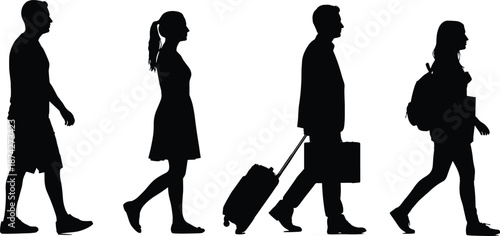Walking people silhouettes representing travel, daily life and movement, male and female figures in motion isolated on white background