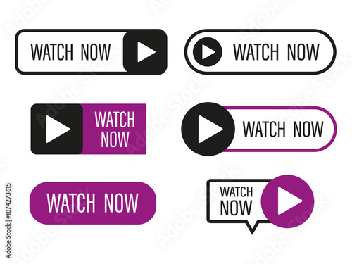 Video button icon. Watch now text. Play arrow symbol. Vector graphic.