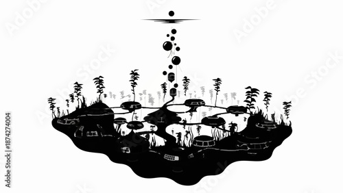 Surreal floating island city with unusual architecture and mysterious descending bubbles.