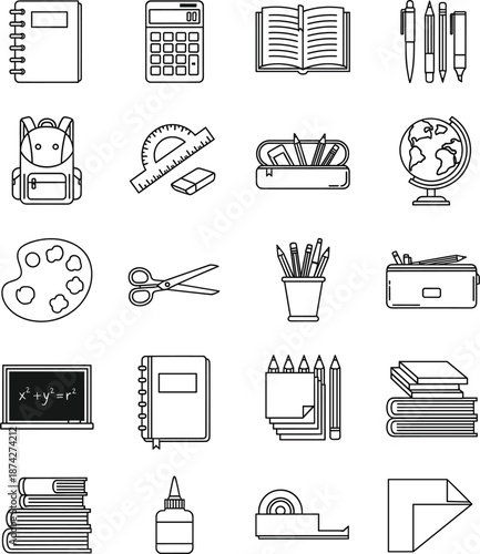 Comprehensive school supplies line icons featuring notebooks calculators backpacks and essential classroom learning tools.