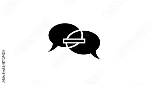 Two black speech bubbles with a white minus sign intertwined in a circular motion against a plain white background