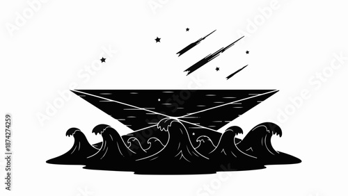 Abstract geometric shape emerging from stylized ocean waves under a starry night sky with shooting stars.