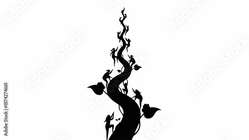 Silhouetted figures ascend a twisting, dark vine reaching towards the sky, symbolizing growth and aspiration.