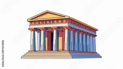 Stylized, vibrant illustration of a classical Greek temple with colonnade and stepped base