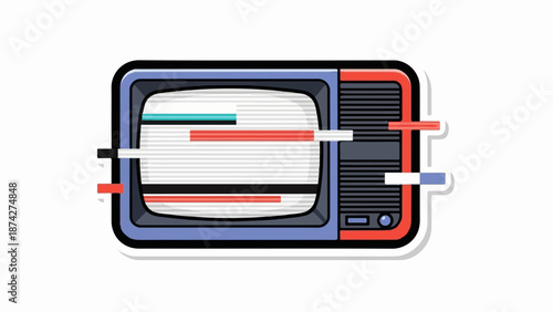 Stylized vintage television displaying static with colorful horizontal lines and bars