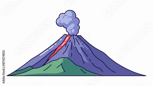 Stylized volcano erupting with red lava flow and grey smoke