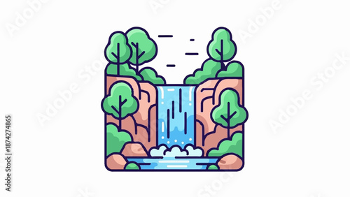 Stylized waterfall cascading into a tranquil pool amidst lush greenery and rocky outcrops