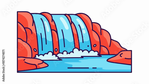 Stylized waterfall cascading over red cliffs into a calm blue body of water with foamy splashes