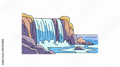 Stylized waterfall cascading over rocks into a serene blue body of water