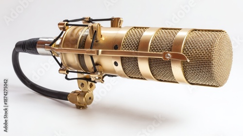 Professional microphone with XLR connection isolated on white, showcasing studio lighting details.