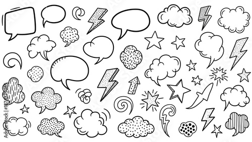 Black and white illustration of various comic book style speech bubbles, clouds, stars, and lightning bolts on a white background.